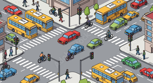 Busy city intersection with cars, buses, and cyclists during the day