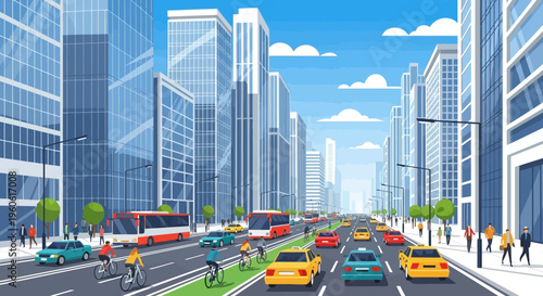 Modern City Street Scene with Traffic, Cyclists, and Skyscrapers