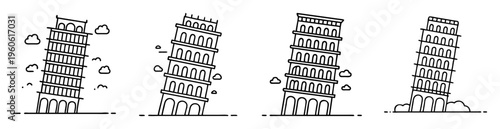 Four Minimalist Line Art Illustrations of Leaning Tower of Pisa with Clouds