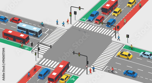 Busy city intersection with cars, buses, cyclists, and pedestrians, urban traffic flow