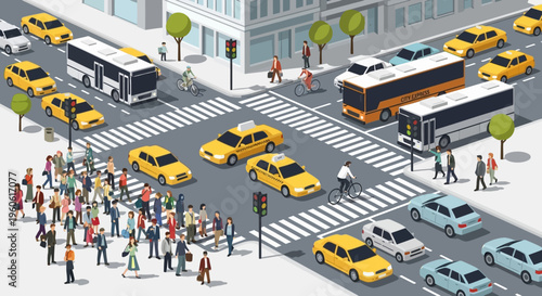 Busy City Intersection with Traffic and Pedestrians Crossing Street