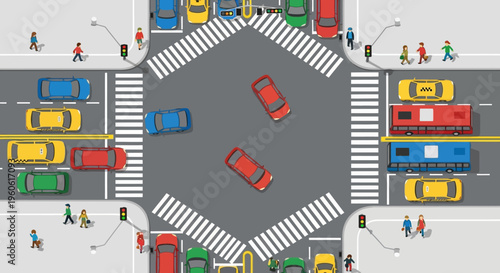 Busy City Intersection with Cars, Taxis, and Pedestrians Crossing Streets