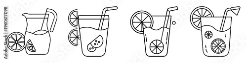Collection of refreshing summer citrus beverage icons in minimalist black and white
