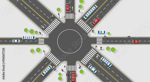 Modern roundabout intersection with cars, buses, and pedestrians, city traffic concept
