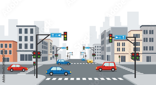 Busy City Intersection with Traffic Lights and Cars
