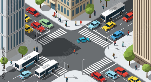 Busy City Intersection with Traffic and Pedestrians
