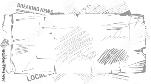 Torn grey newspaper fragments with breaking news and scribbled text