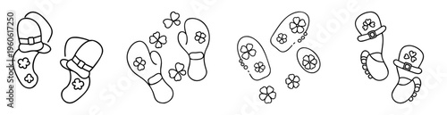 Outlined St Patrick's Day themed drawings featuring mittens, hats and shamrocks