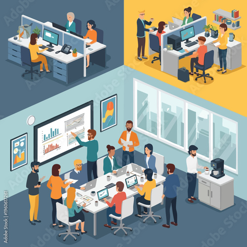 People working in modern offices, attending meetings, and collaborating