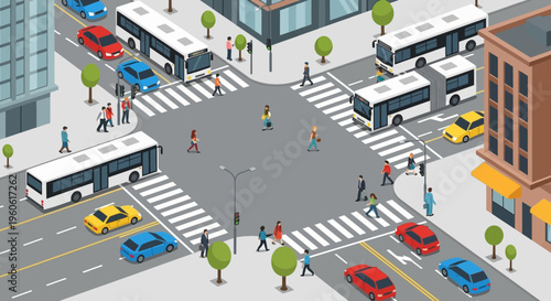 Busy City Intersection with Traffic, Pedestrians, and Buses