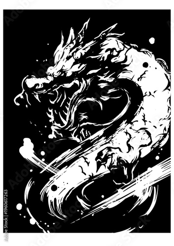 Japanese Dragon on Black Background – Sumi-e Ink Illustration