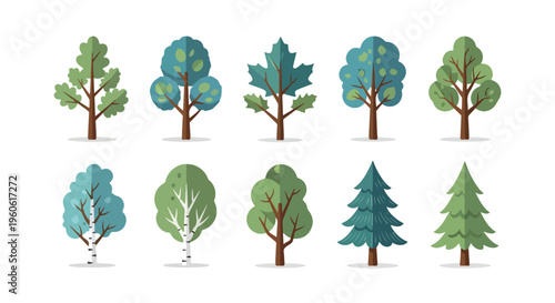 Set of 10 Flat Design Green Tree Vector Icons