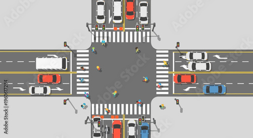 Busy City Intersection with Cars and Pedestrians Crossing