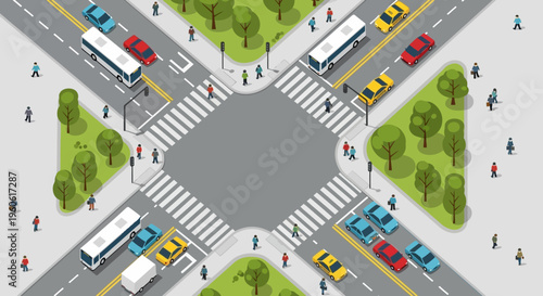 Busy City Intersection with Cars, Buses, and Pedestrians