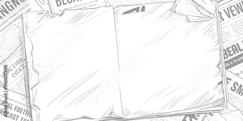 Blank page overlaying scattered newspaper clippings with text and headlines