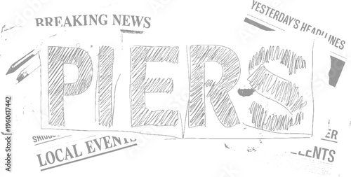 Hand drawn word piers on newspaper headlines with breaking news and local events