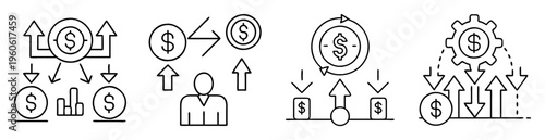 Line drawing of various financial investments, income, gains and losses in economy