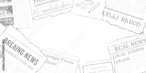 Torn newspaper pages with headlines and text in grayscale with a pencil and sketchpad