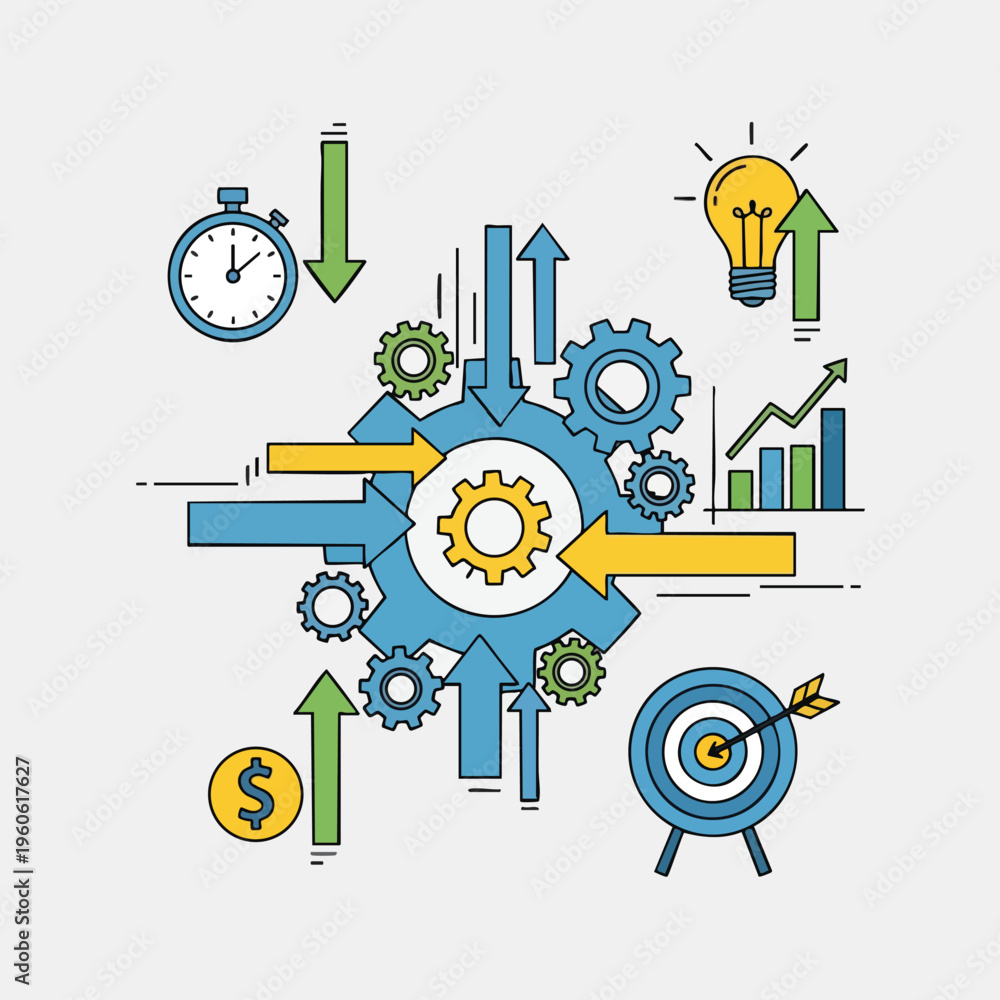 Fototapeta premium Business growth, efficiency, and strategy concept with gears, arrows, and icons