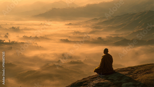 Peaceful Meditation Scene With Monk Silhouette In Nature During Sunset Light