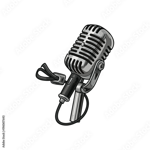 Professional vintage condenser microphone illustration in a classic silver metallic finish.