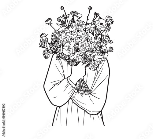 Beautiful line art illustration of a woman holding a large bouquet of flowers obscuring her face, elegant floral design for art and design projects