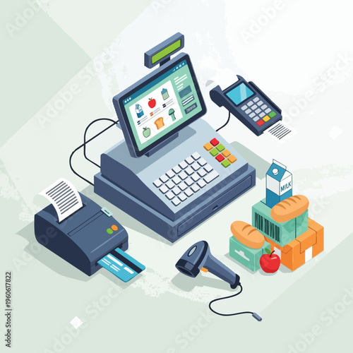 Isometric view of a point-of-sale system with groceries, card reader, and scanner