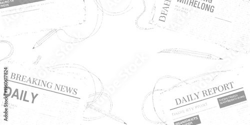 Sketchy newspaper headlines and pencils on white background with abstract lines breaking daily report