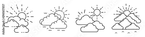 Stylized monochrome vector illustrations depicting weather with sun and clouds