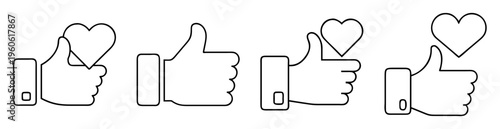 Four white thumbs up icons with hearts for social media engagement