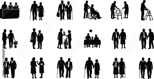 Large collection of elderly people silhouettes featuring senior couples walking with canes and walkers plus individuals in wheelchairs for retirement home healthcare concepts.