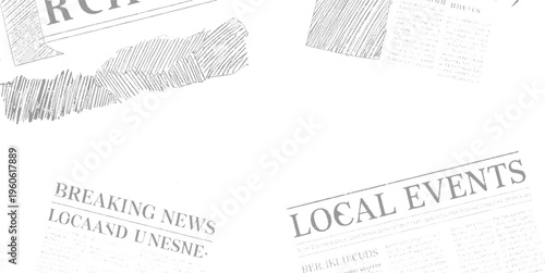 Newspaper clippings with headlines breaking news and local events in grayscale