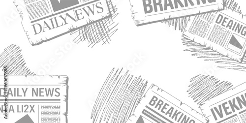 Grey sketched newspapers with daily news and breaking news headlines on white background