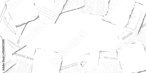 Torn grey newspaper fragments with text and scattered on white background print