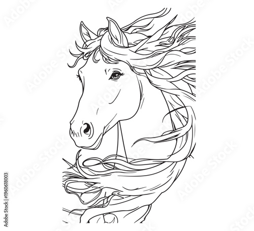 Graceful monochrome illustration of a majestic horse's head, featuring a dynamic, flowing mane that symbolizes freedom and equestrian elegance