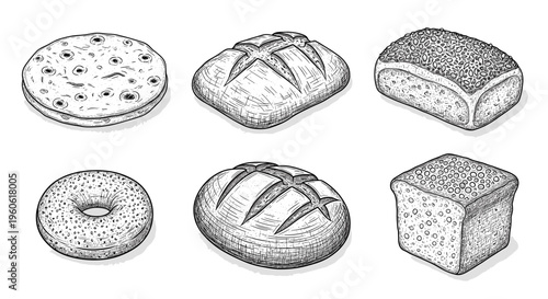 Collection of six different types of bread and baked goods in a hand-drawn sketch style