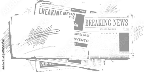 Overlapping grey newspapers with headlines and scribbled breaking text