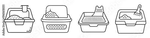 Line drawing illustration showcasing variety of enclosed cat litter boxes with accessories