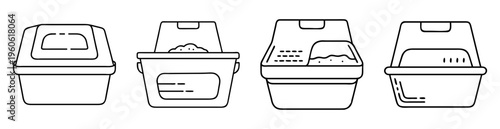 Line art illustration of four different hooded cat litter boxes in a row