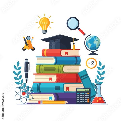 Education symbols stack of books, graduation cap, lightbulb, globe, calculator, and science icons