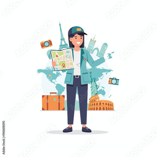 Person with map surrounded by landmarks and travel items