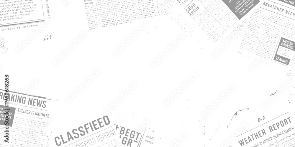 Obraz premium Scattered grey and white newspaper clippings with headlines and text fragments print article