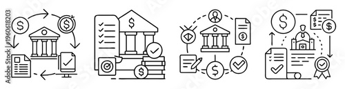 Four different financial processes illustrating transactions with money and banks