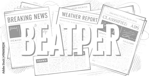 Stack of newspapers with headlines breaking news weather report classified ads and large text b e a p e r