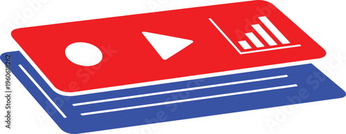 Red and blue duotone of a whisk with a bar chart and play button cooking utensil