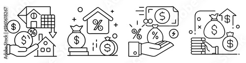 depicts linear icons illustrating real estate financial transactions, investment growth, and revenue