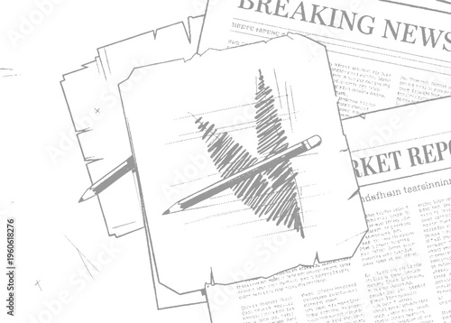 Of pencil on newspaper pages with breaking news and market report headlines