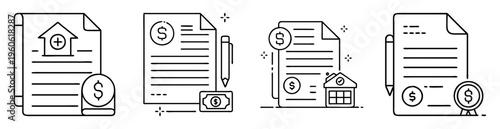 Icon set of financial and real estate transactions documents with money symbols