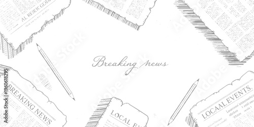 Sketchy grey pencils and torn newspapers with breaking news and local events headlines on white background