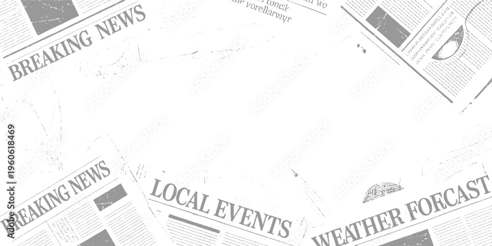 Fototapeta premium Scattered grey newspaper pages with headlines breaking news local events weather forecast